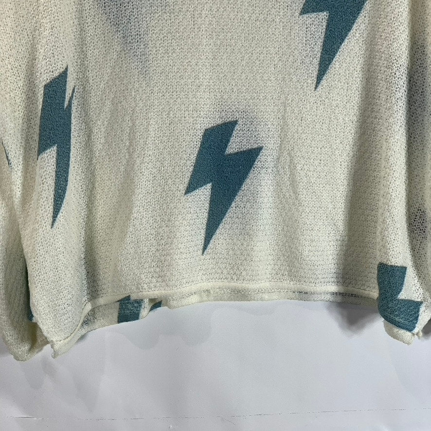 P.O.L Women's Cream Blue Lightening Bolt V-Neck Pullover Knit Sweater SZ S