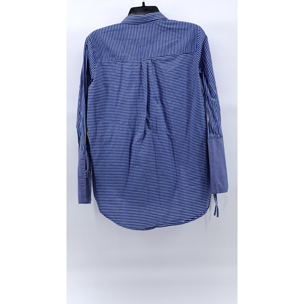 LOFT Women's Blue-White Striped Button-Up Round-Hem Long Sleeve Top SZ S