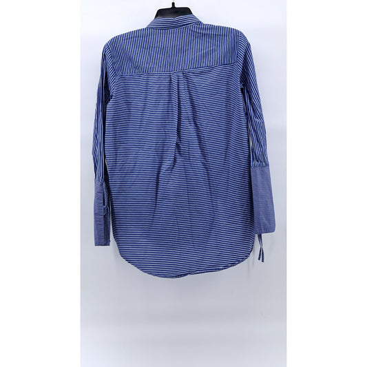 LOFT Women's Blue-White Striped Button-Up Round-Hem Long Sleeve Top SZ S