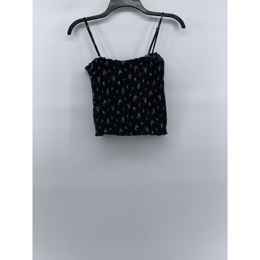 FOREVER 21 Women’s Black Floral Smocked Spaghetti Strap Cropped Tank Top SZ L
