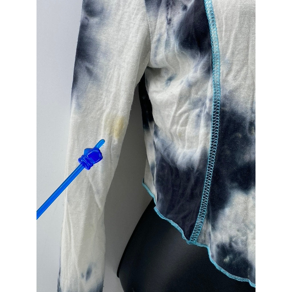 UNBRANDED Women's White-Blue-Black Tie-Dye Asymmetrical Zip-Up Cropped Top SZ M