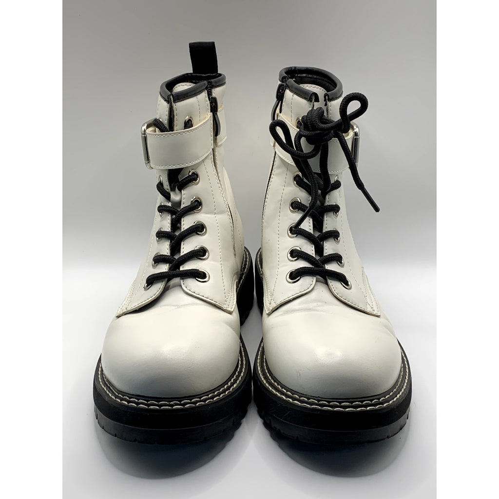 DUNES Women's White Chaplin Faux-Leather Side-Zip Lace-Up Combat Boots SZ 8.5