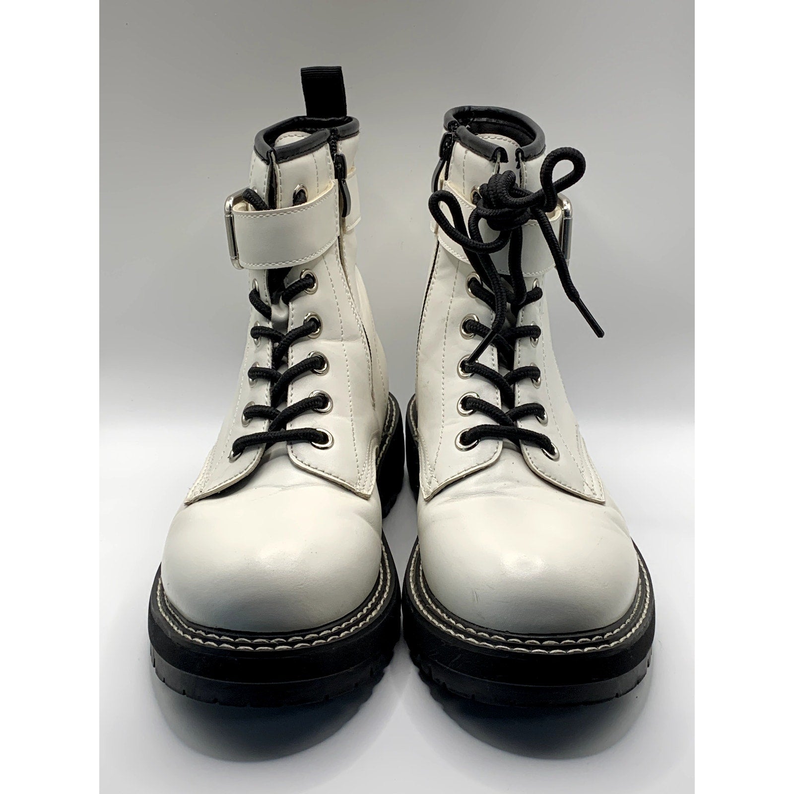DUNES Women's White Chaplin Faux-Leather Side-Zip Lace-Up Combat Boots SZ 8.5