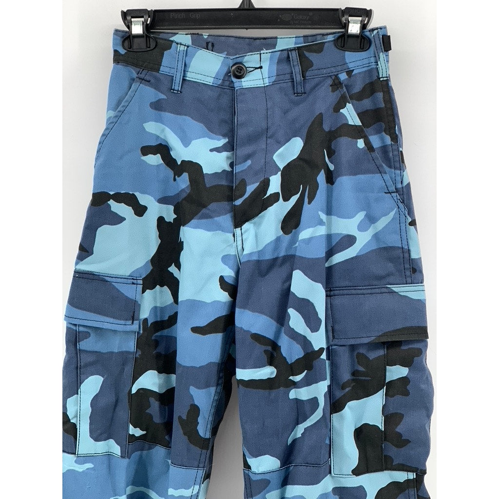 UNBRANDED Women's Blue Camo Print Button-Fly Straight-Leg Pants SZ XS