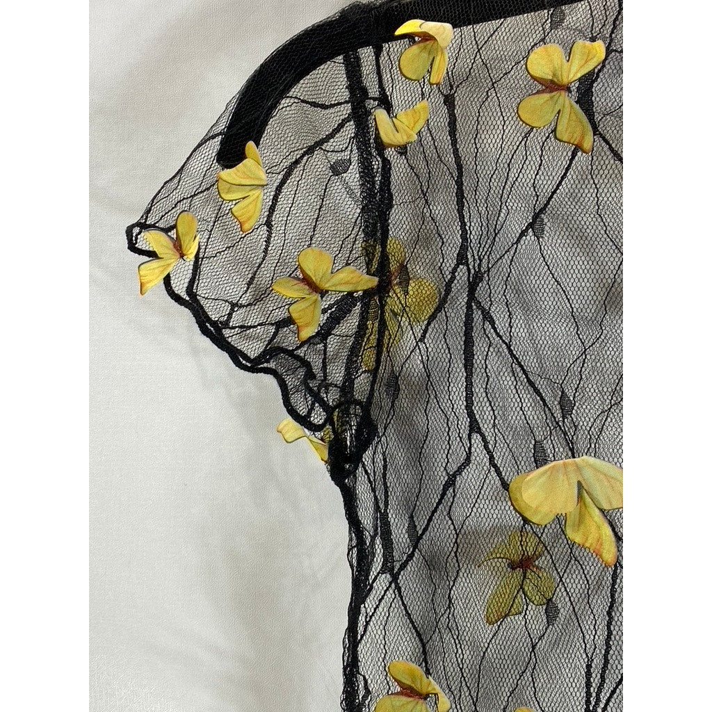 Women's Black/Yellow 3D Butterfly Mesh Short Sleeve Cover Up Top