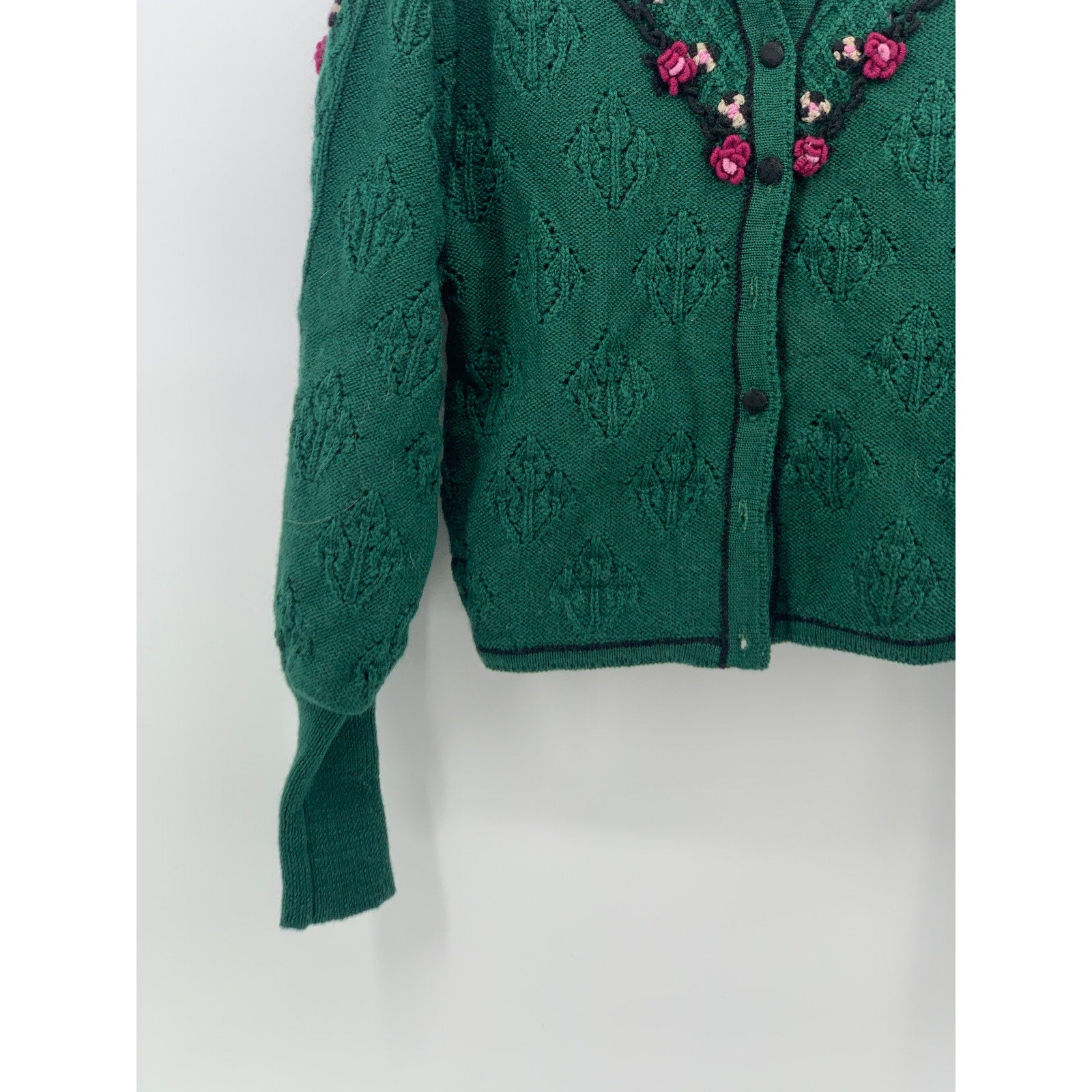 CARROLL REED Women's Vintage 70's Green 3D Floral Knit Button-Up Cardigan SZ S