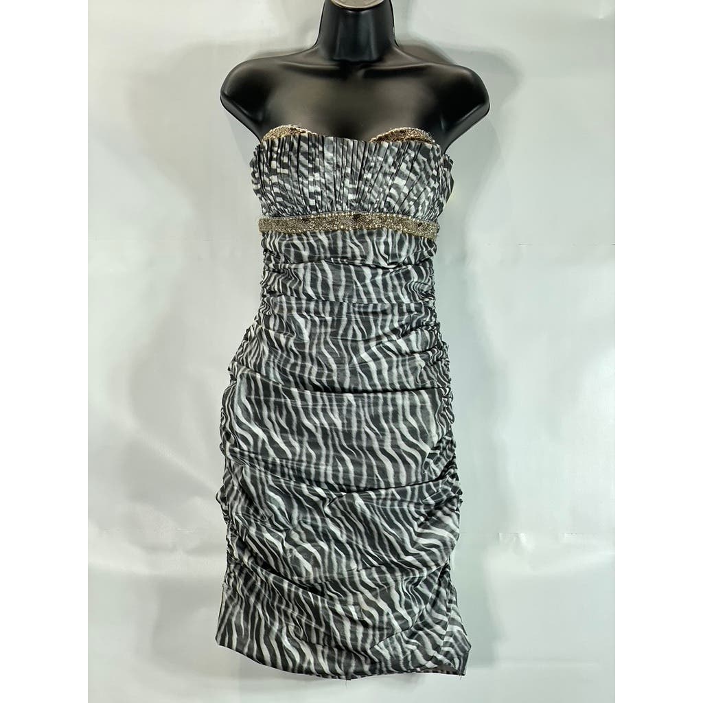 NICOLE BAKTI Vintage y2k Women's Strapless Bodycon Zebra Beaded Mini Dress SZ S