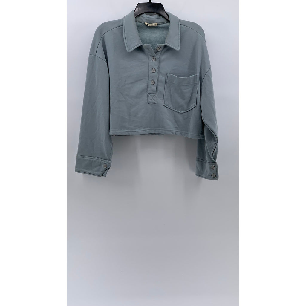 NEW IN Women's Dusty Blue Long Sleeve Pullover Cropped Henley Sweater SZ S