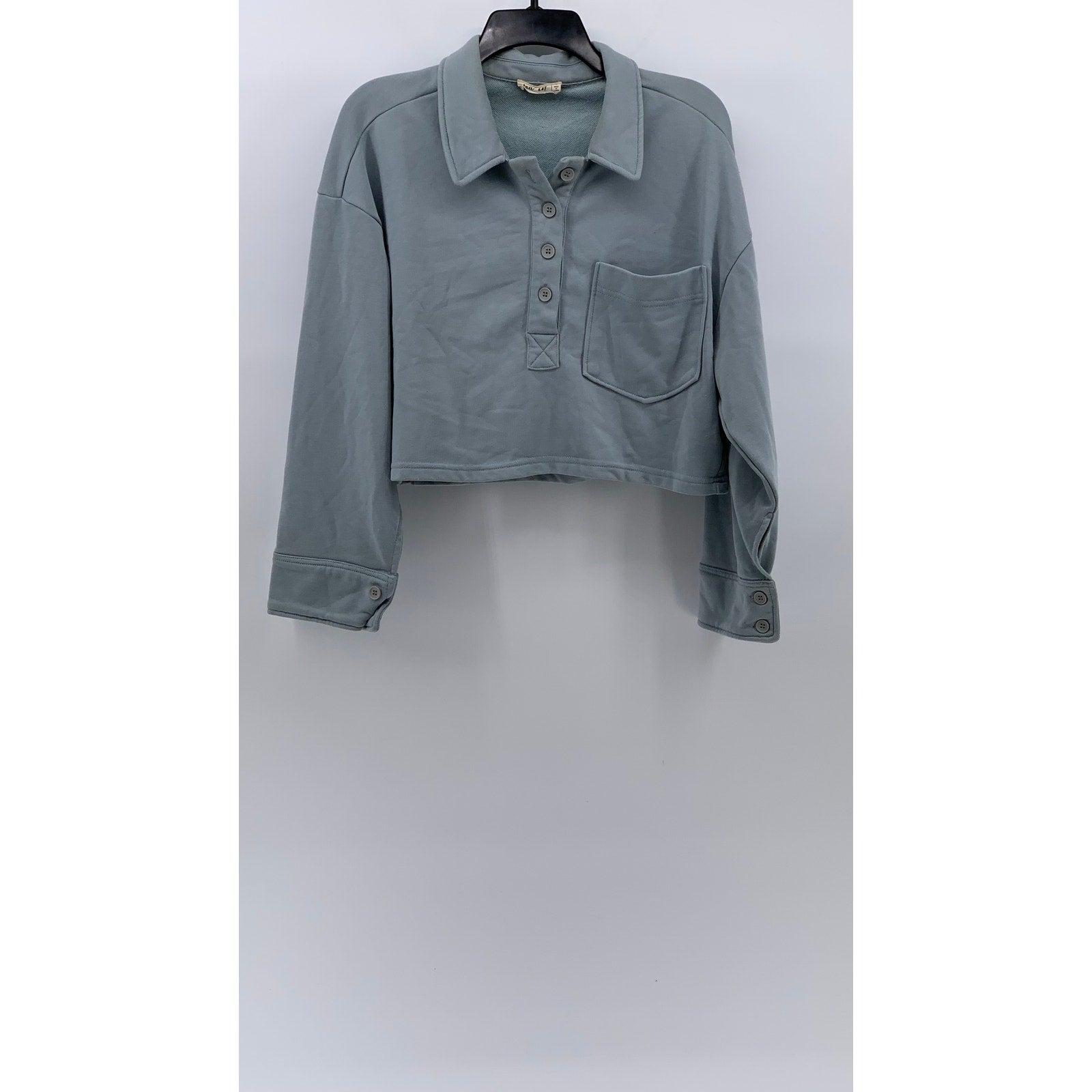 NEW IN Women's Dusty Blue Long Sleeve Pullover Cropped Henley Sweater SZ S