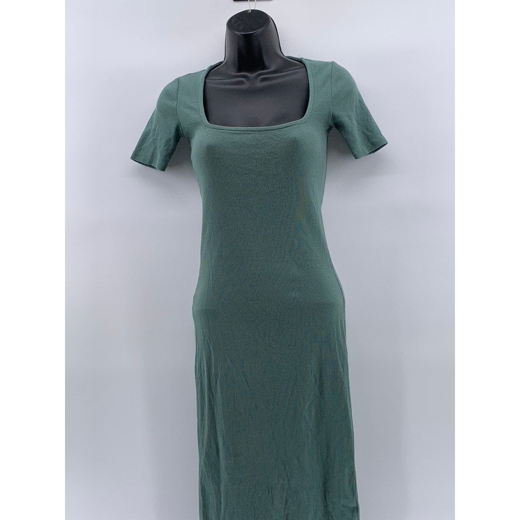 ZARA Women's Dark Green Straight-Neck Short Sleeve Midi Bodycon Dress SZ S