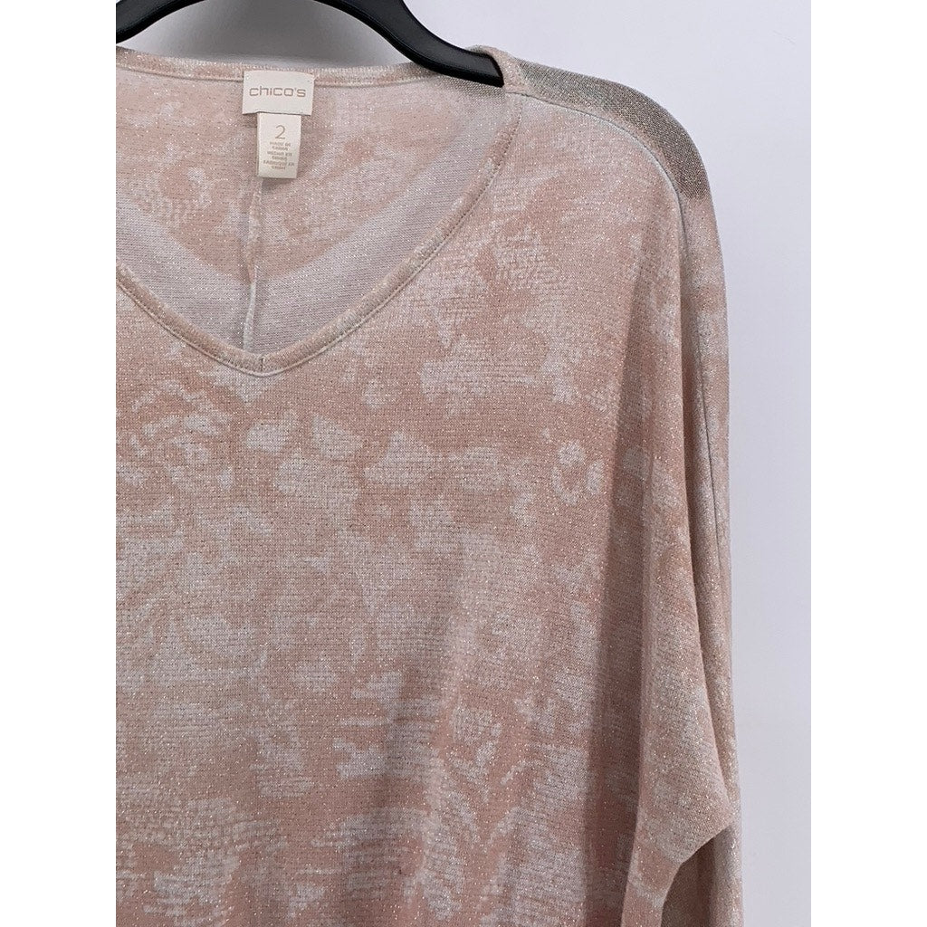 CHICO'S Women's Pink Metallic Camo Like Printed Tie-Front Top SZ 2(US-L)