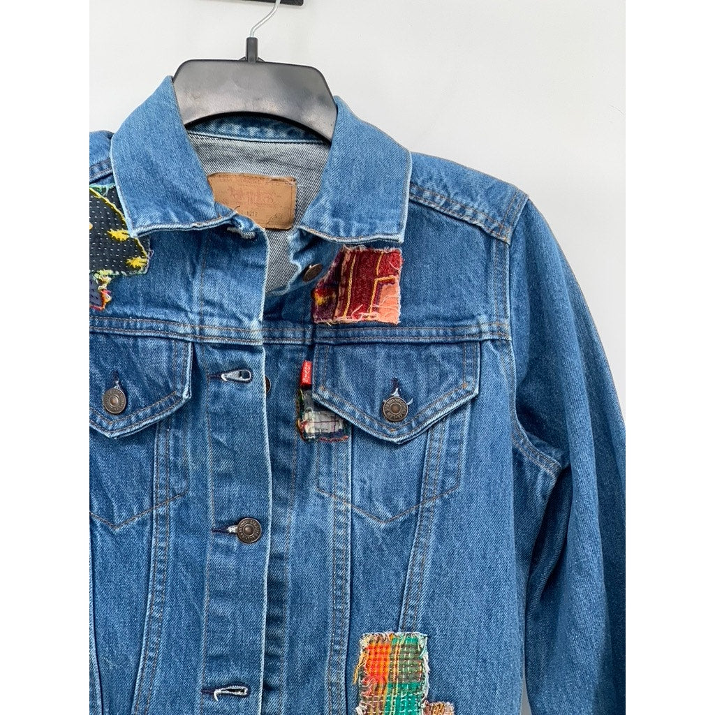 LEVI'S Women's Denim Blue Patchwork Button-Up Long Sleeve Trucker Jacket SZ S