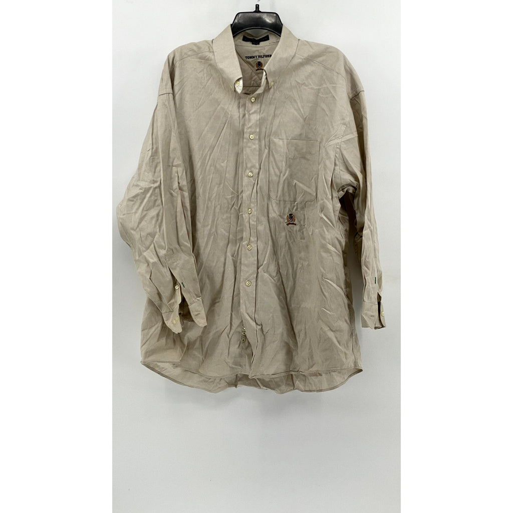 TOMMY HILFIGER Men's Beige Vintage Solid Button-Up Long Sleeve Shirt SZ 17 1/2