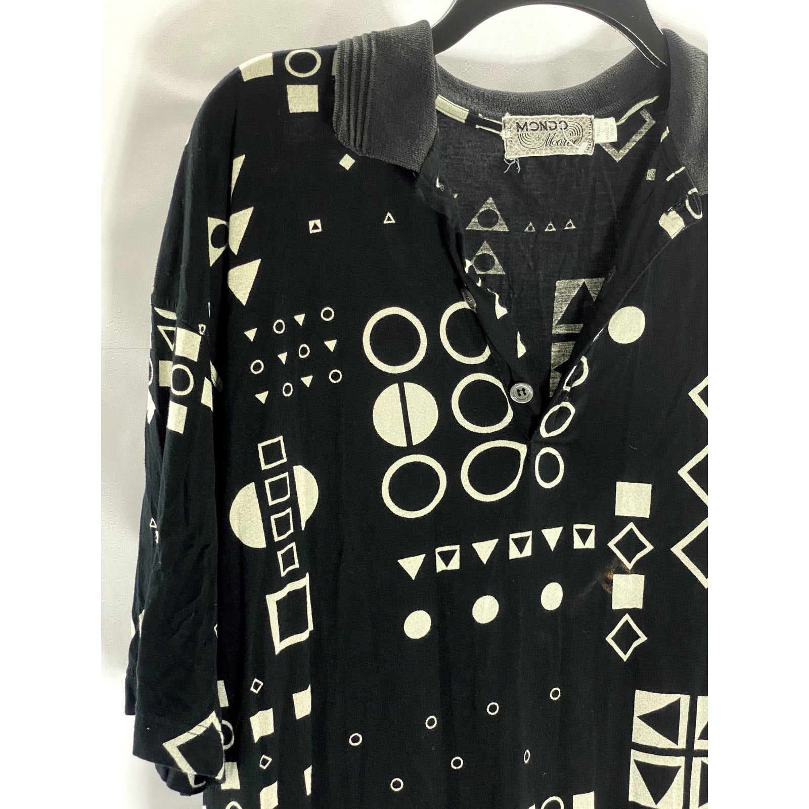 MONDO DI MARCO Men's Vintage Tall Black Geo-Print Short Sleeve Polo Shirt SZ L/T
