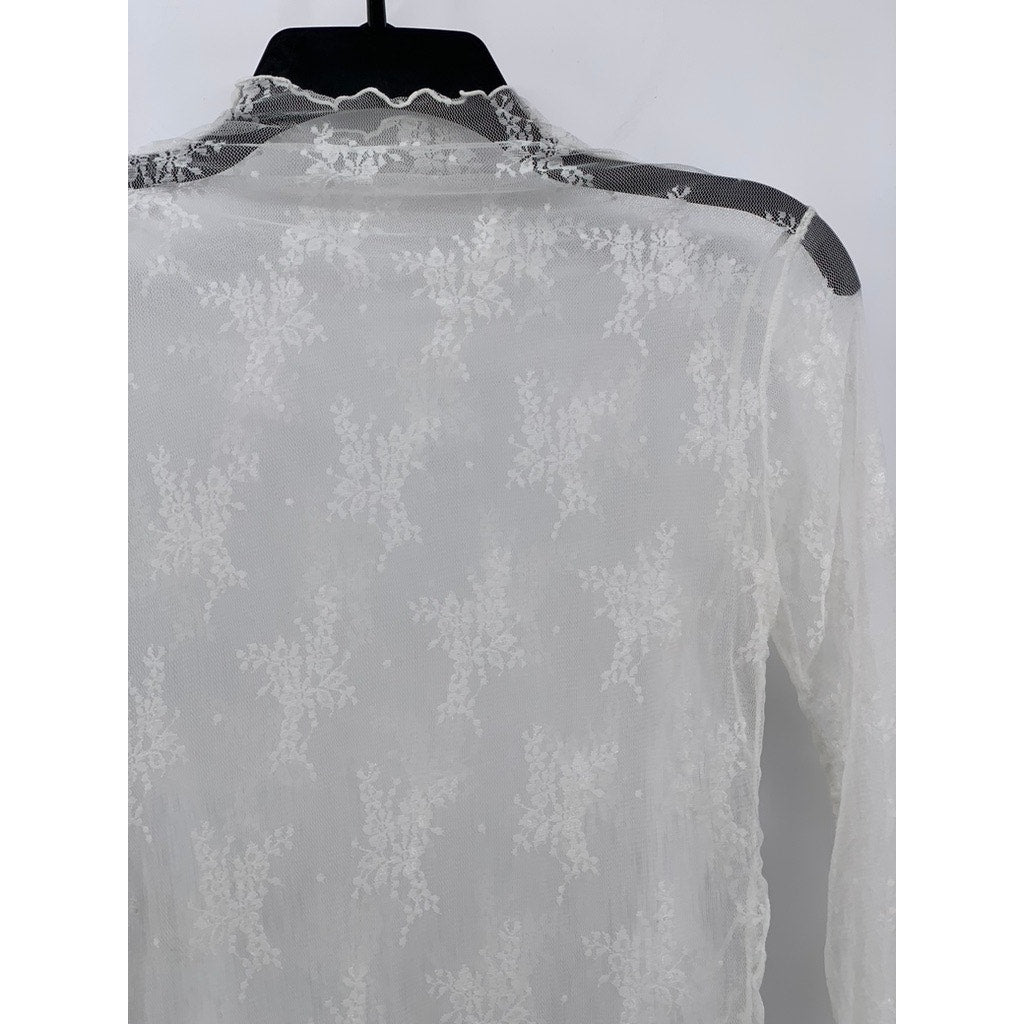 UNBRANDED Women's White Floral Mesh Mock-Neck Long Sleeve Top SZ S