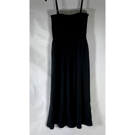 UNBRANDED Women’s Black Solid Smocked Adjustable Strap Midi A-Line Dress SZ XL