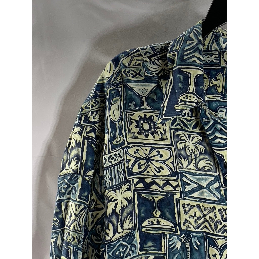 ROUNDTREE & YORKE Men's Vintage Blue Silk Hawaiian Print Button-Up Shirt SZ L