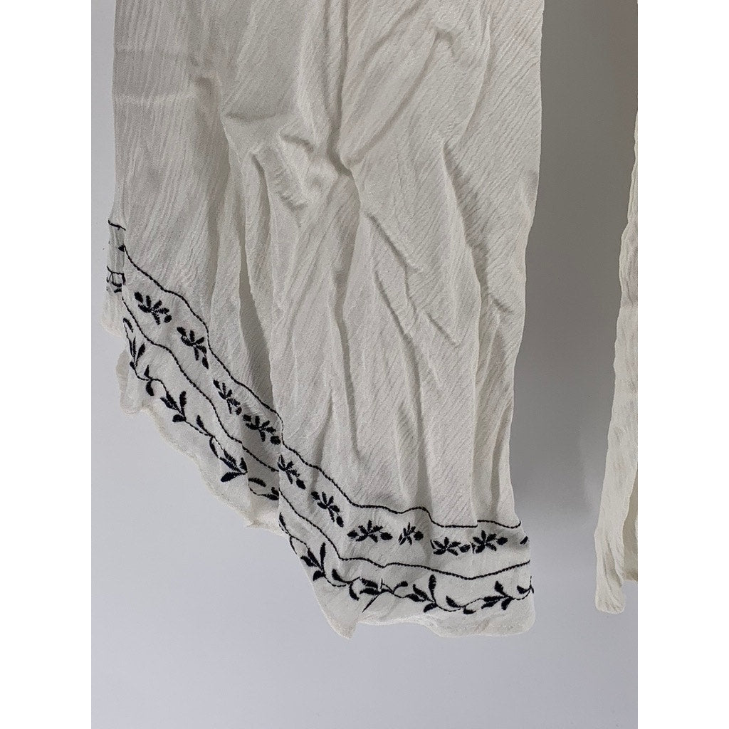 FOREVER 21 Women's White-Navy Embroidered Lace-Up Long Sleeve Dress SZ S