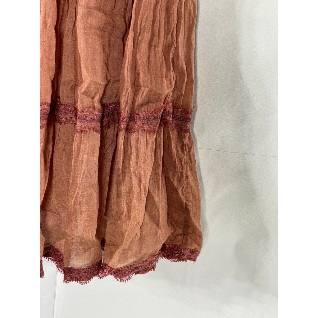UNBRANDED Women's Burnt Orange Lace-Trim V-Neck Tiered Tie-Waist Midi Dress SZ S