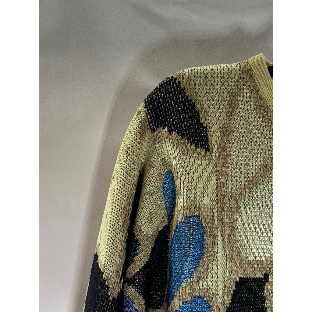 J.T Martin Women's Vintage Tan/Black/Blue Printed Crewneck Knit Sweater SZ 14