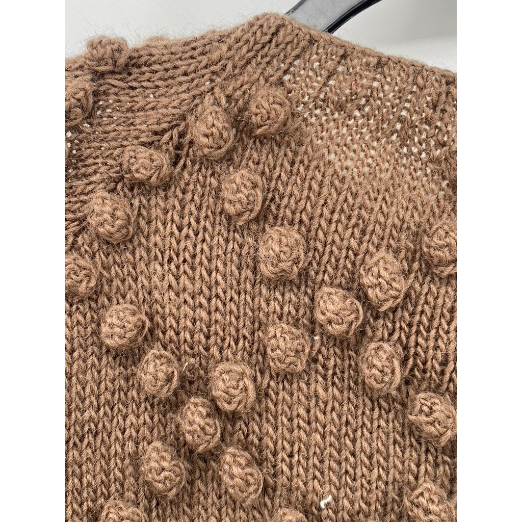 KTS Women's Brown Knit Button-Up Diamond Ball Textured Ribbed Cardigan SZ XS
