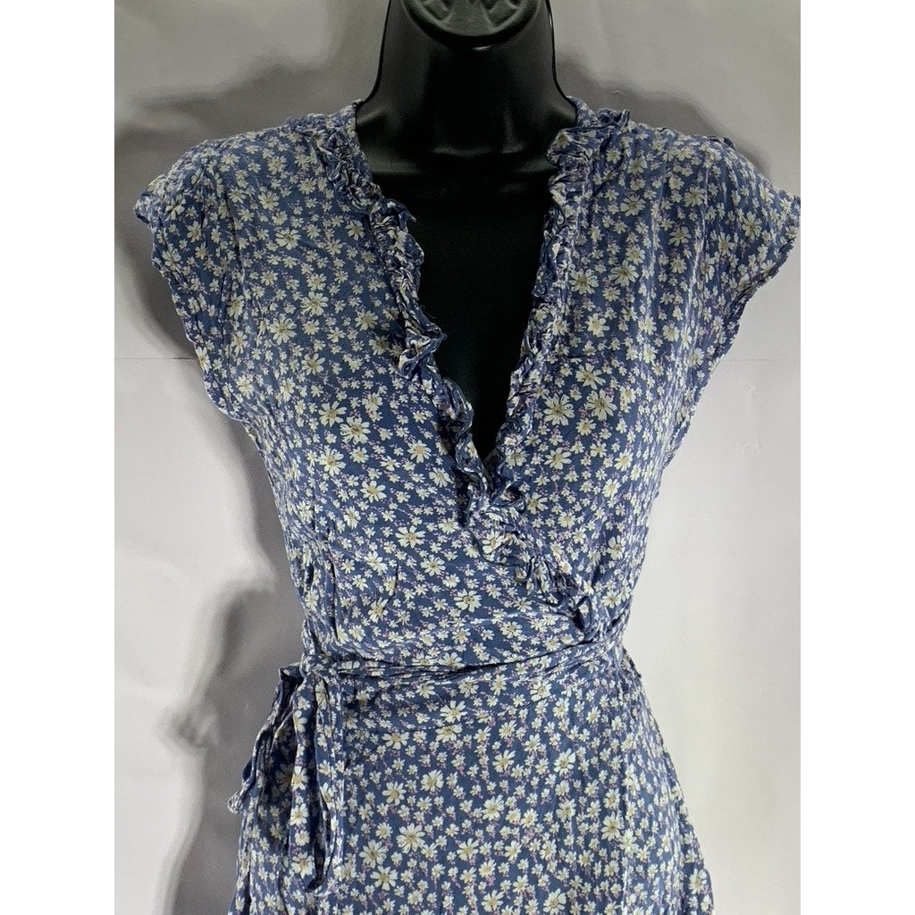 WALKER & WADE Women's Blue Floral Ruffle-Trim V-Neck Wrap Midi Dress SZ XS