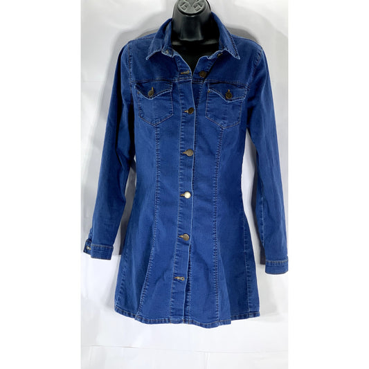 DENIM CO. Women's Vintage Dark Blue Denim Button-Up Long Sleeve Mini Dress SZ 8