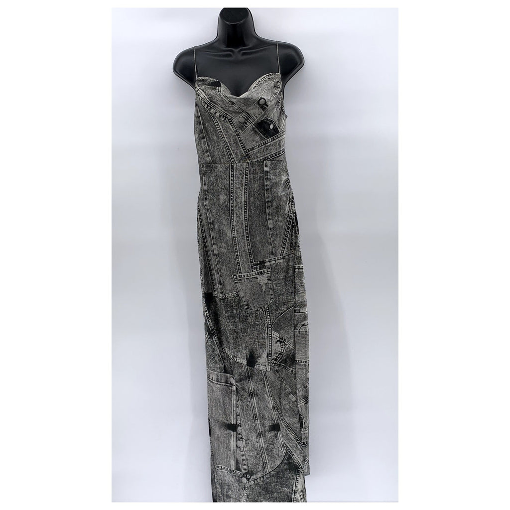 RETROFETE Women's Black-Gray Silk Acadia Spaghetti Strap Side-Slit Dress SZ XS