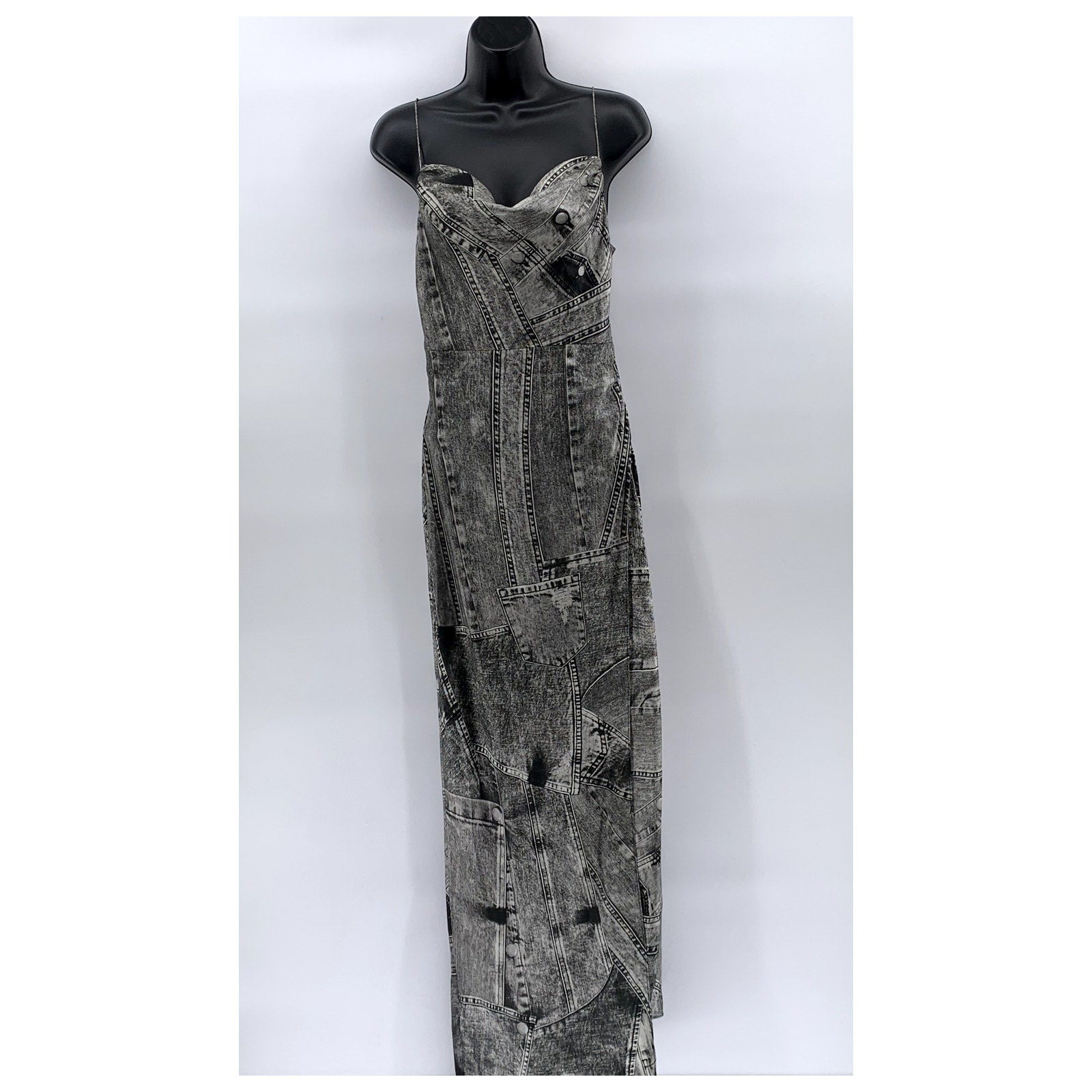 RETROFETE Women's Black-Gray Silk Acadia Spaghetti Strap Side-Slit Dress SZ XS