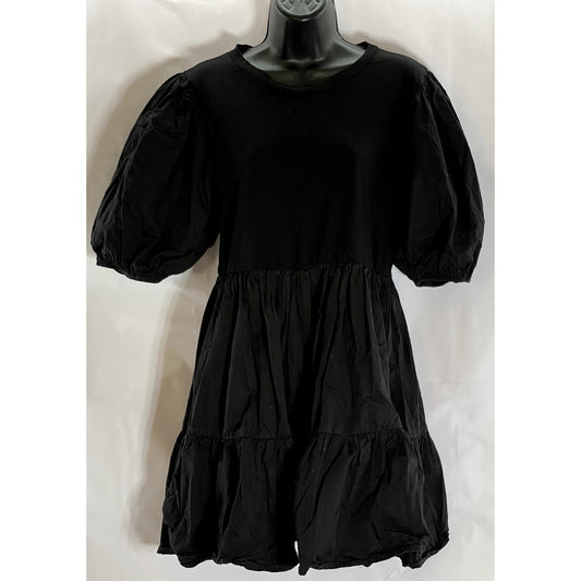 EN SAISON Women's Black Solid Crewneck Puff Sleeve Ruffle-Hem Mini Dress SZ L