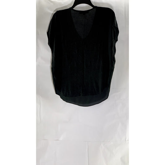 LOFT Women's Black Solid Sheer V-Neck Short Sleeve Round Hem Top SZ S