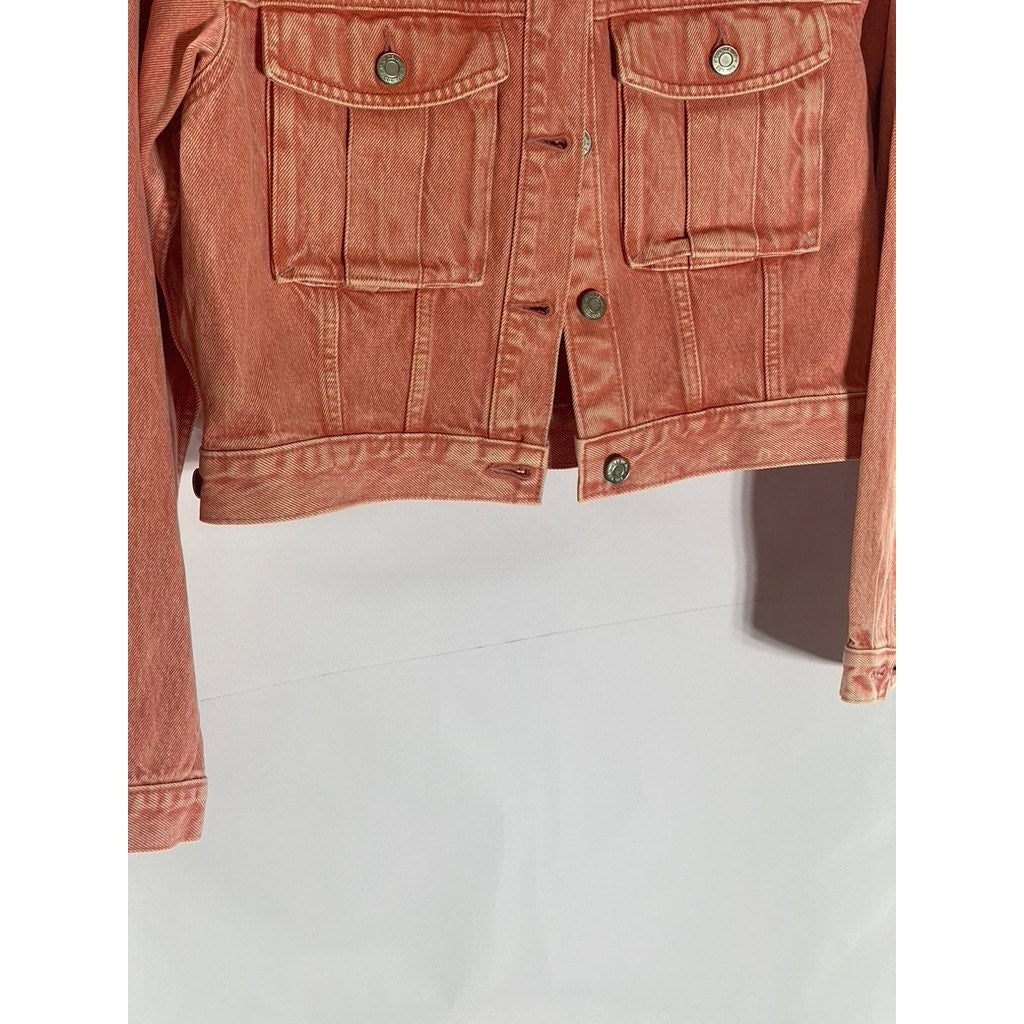 GAP DENIM Women's Pink Flamingo Button-Front Denim Utility Cropped Jacket SZ XS