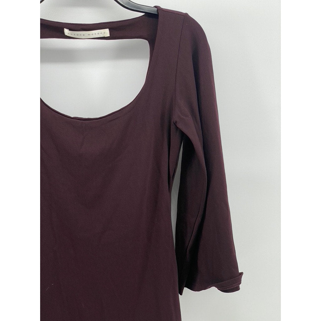 SUSANA MONACO Women's Burgundy Scoop-Neck Long Bell Sleeve Open-Back Dress SZ XS