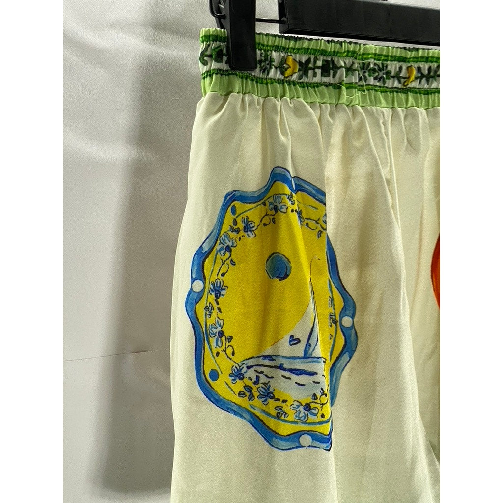 UNBRANDED Women's Green/Cream Print Drawstring Waist Pull-On Shorts SZ S