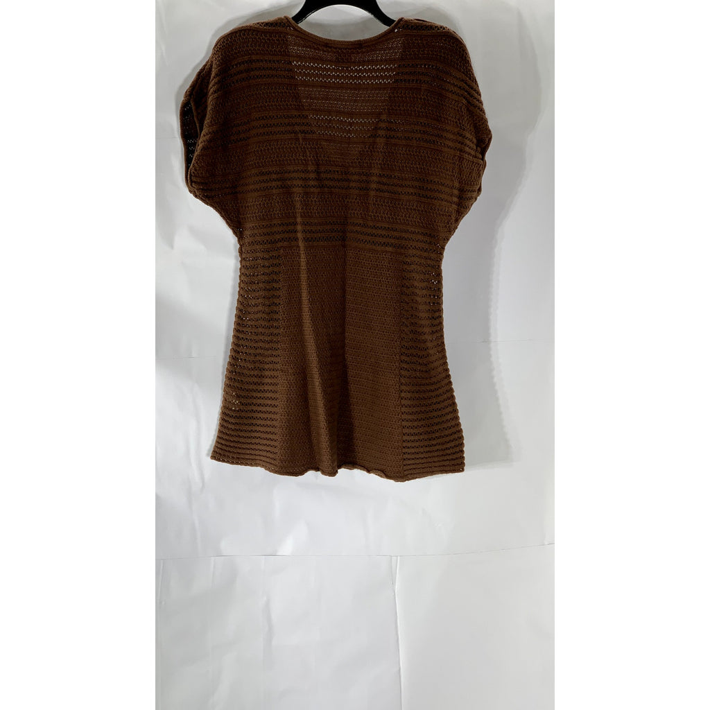CALVIN KLEIN JEANS Women's Brown Crochet Knit V-Neck Short Sleeve Top SZ M