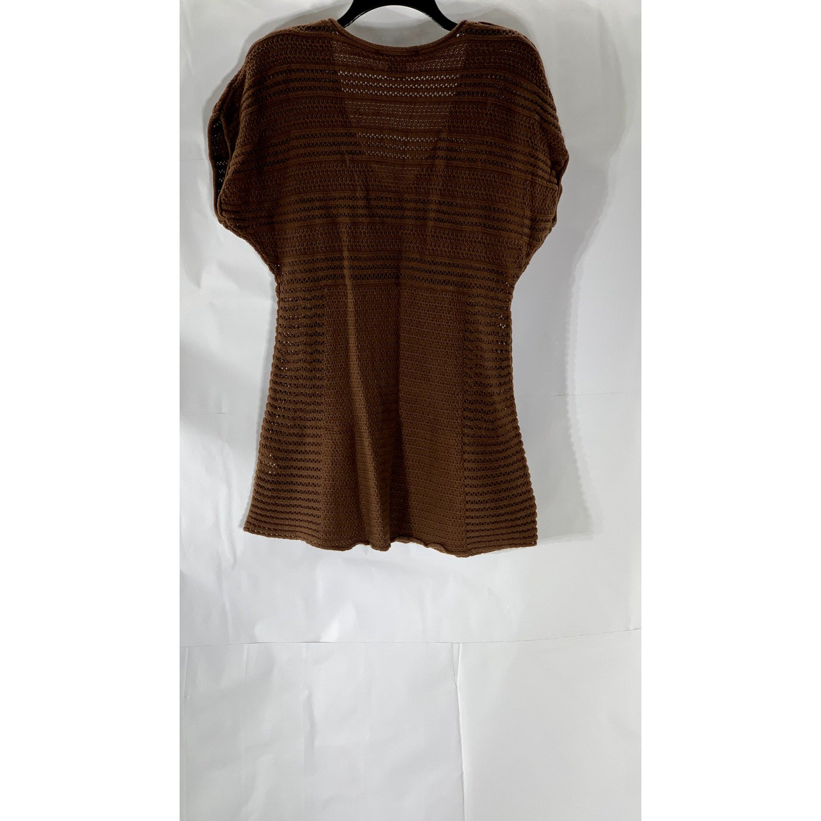 CALVIN KLEIN JEANS Women's Brown Crochet Knit V-Neck Short Sleeve Top SZ M