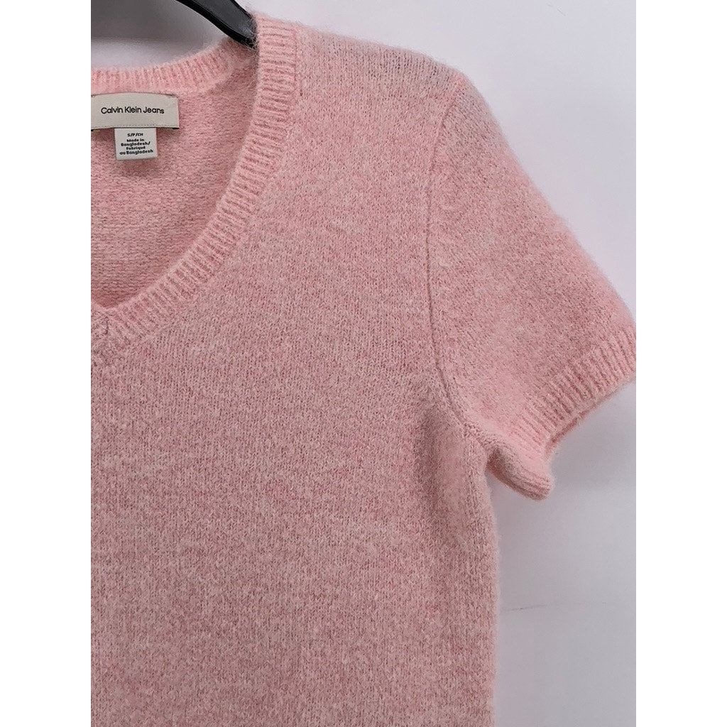 CALVIN KLEIN JEANS Women's Light Pink Knit V-Neck Short Sleeve Sweater Top SZ S
