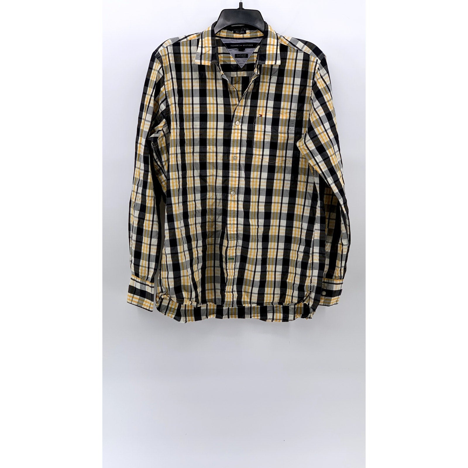 TOMMY HILFIGER Men's Blue-Yellow Plaid Custom Button-Up Long Sleeve Shirt SZ M