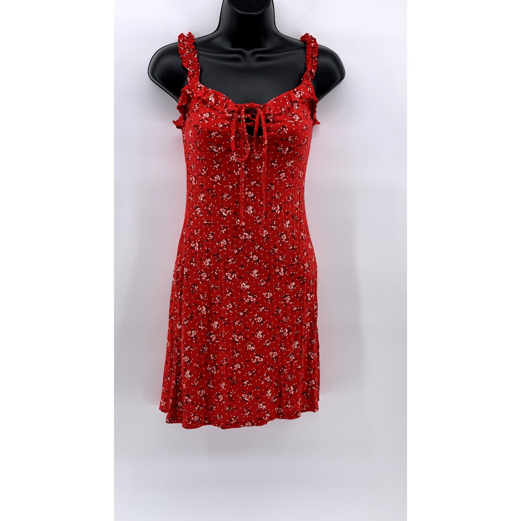 PRETTYLITTLETHING Women's Red Ditsy Floral Lace-Up Bodycon Mini Dress SZ 2