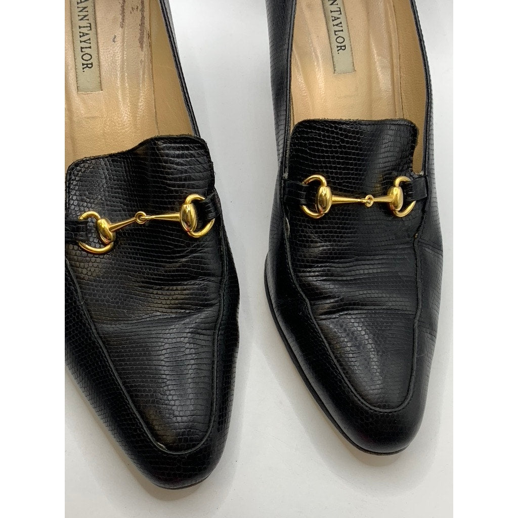 ANN TAYLOR Women's Black Textured Leather Horsebit Heeled Loafers SZ 8