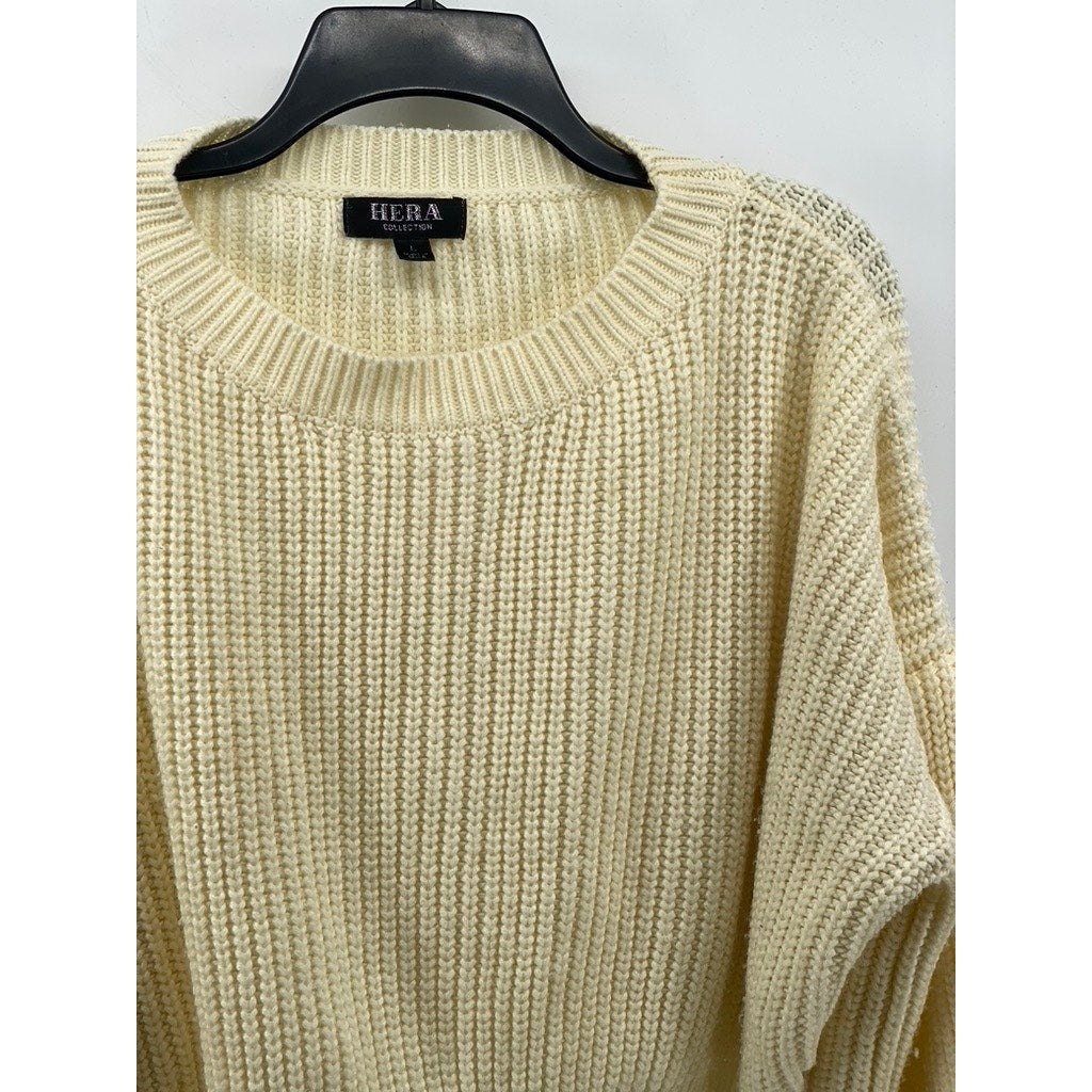 HERA COLLECTION Women's Cream Knit Crewneck Dropped Shoulder Cropped Sweater SZL