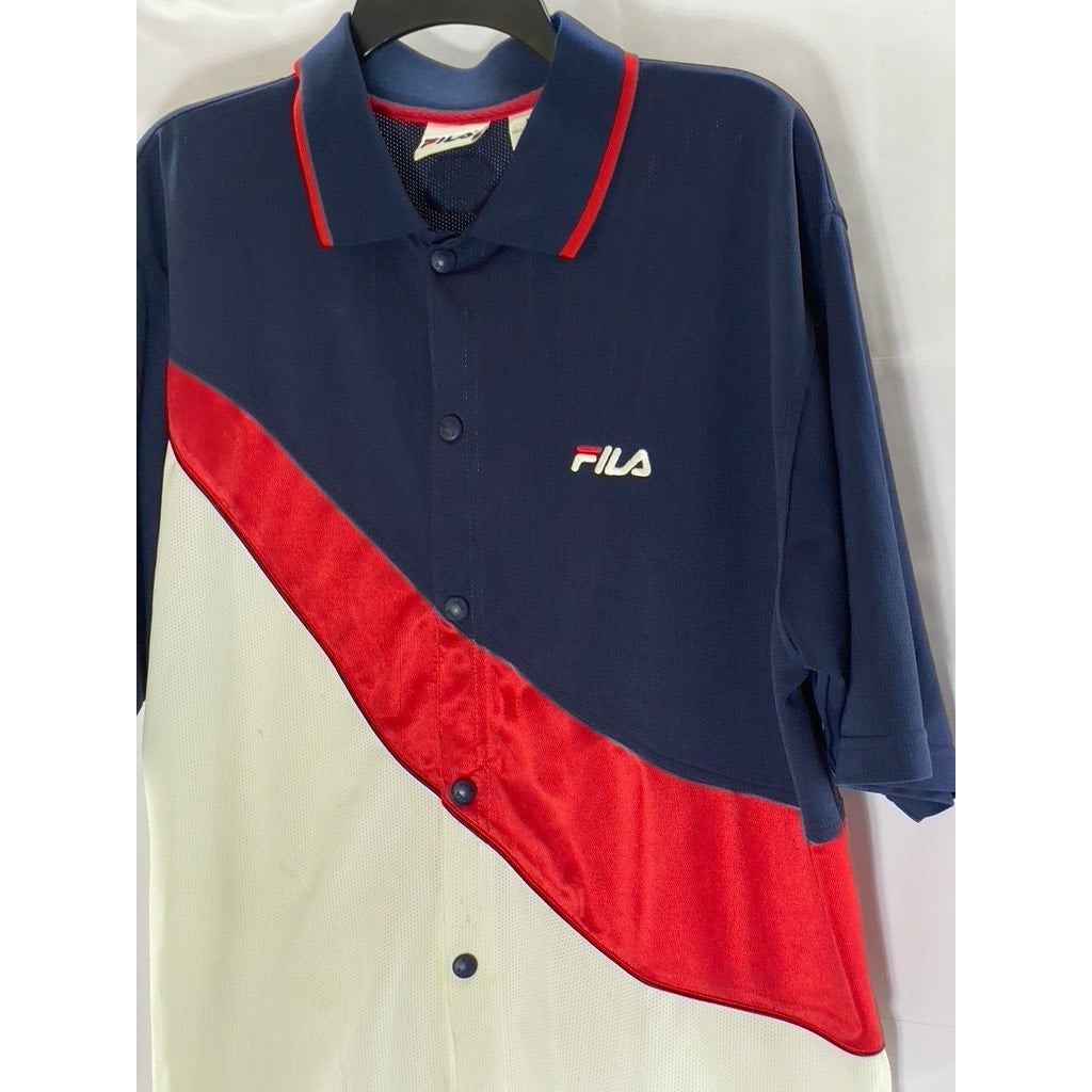 FILA Men’s Vintage Red-Navy-White Short Sleeve Button-Up Jersey Shirt SZ M