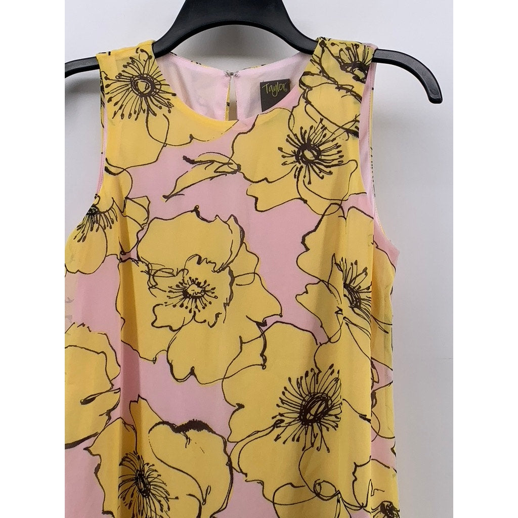 TAYLOR Women's Yellow-Pink Floral Sleeveless Chiffon Shift Mini Dress SZ 2