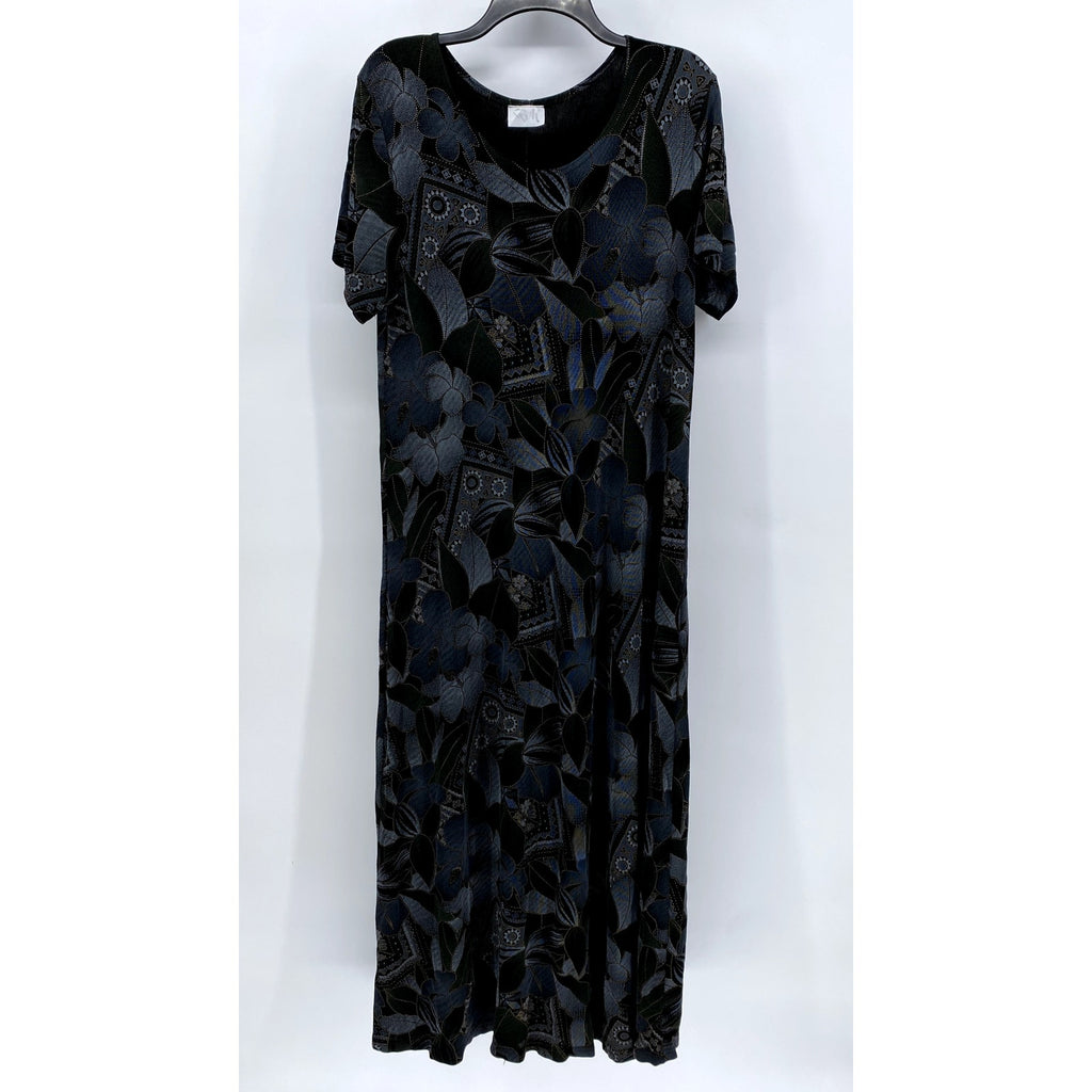 Vintage RIM Women's Blue Floral Geometric Maxi-Dress Made in USA