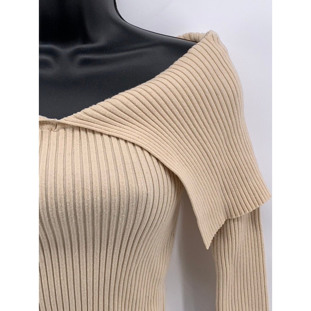 ZARA Women's Beige Rib Knit Off-The-Shoulder V-Neck Cropped Sweater Top SZ S