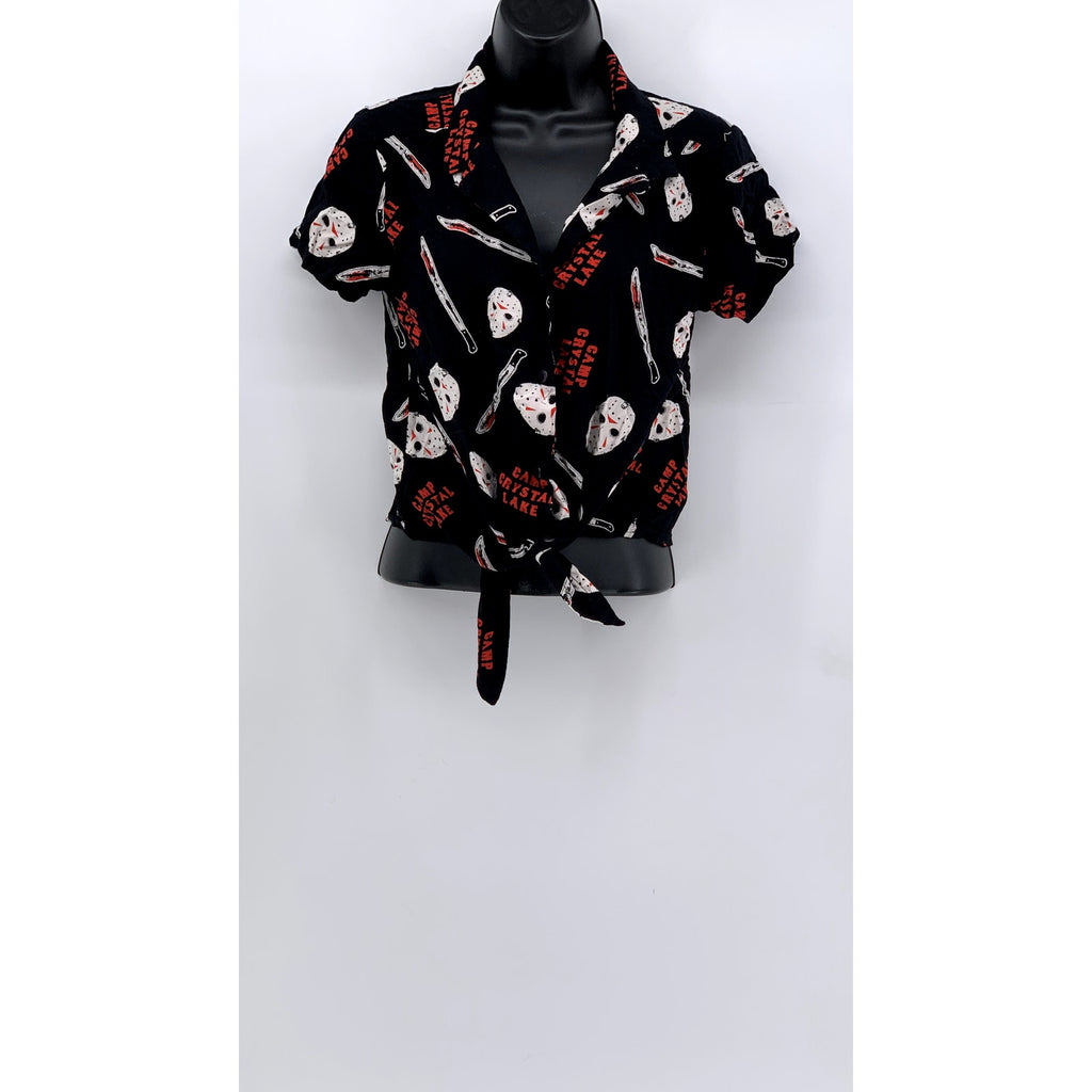 FRIDAY THE 13th Women's Black Jason Print Tie-Front Button-Up Top SZ S