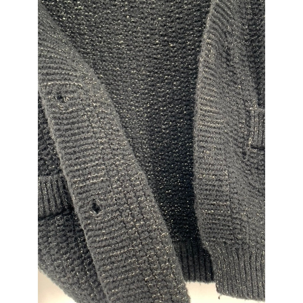 UNBRANDED Women's Black-Silver Button-Up Long Sleeve Knit Cropped Cardigan SZ S