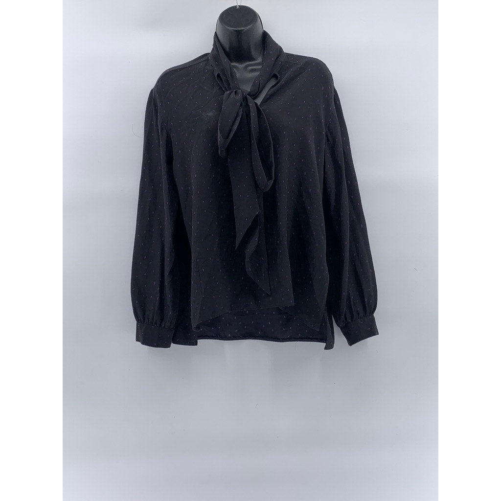 SCANLAN THEODORE Women’s Black-Purple Micro Dot Tie-Neck Long Sleeve Blouse SZ 4