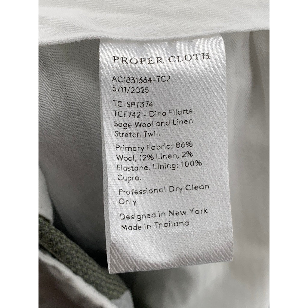 PROPER CLOTH Men's Sage Green Stretch Wool & Linen Twill Dress Pant SZ 34