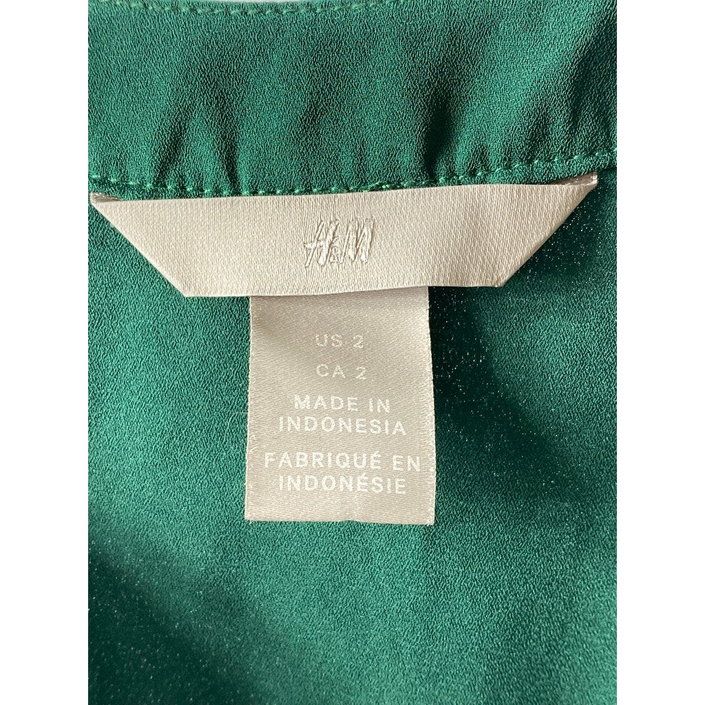 H&M Women's Forest Green V-Neck Semi-Sheer Round-Hem Mini Dress SZ 2